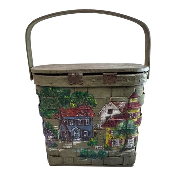 Vtg Hand-Painted Green Picnic Basket Purse Church Steeple Handle Village Scene - Picture 7 of 11
